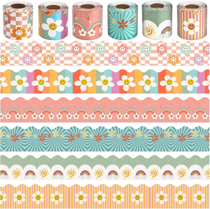 DASTTUIS 6 Rolls 196.8 Ft Groovy Boho Bulletin Board Border Set - Colorful Classroom Trim - Retro Rainbow & Daisy Flower for Teachers, School & Office Decor - Perfect for Birthday, Back to School Theme - Image 1